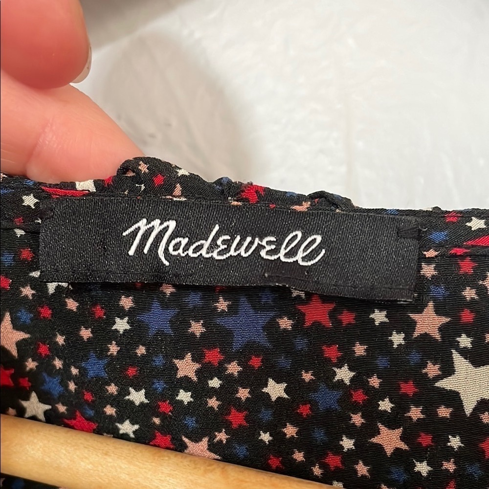 Madewell 100% Silk Star Print Black, Navy, Red, Cream Wrap Peplum Blouse - Picture 7 of 9